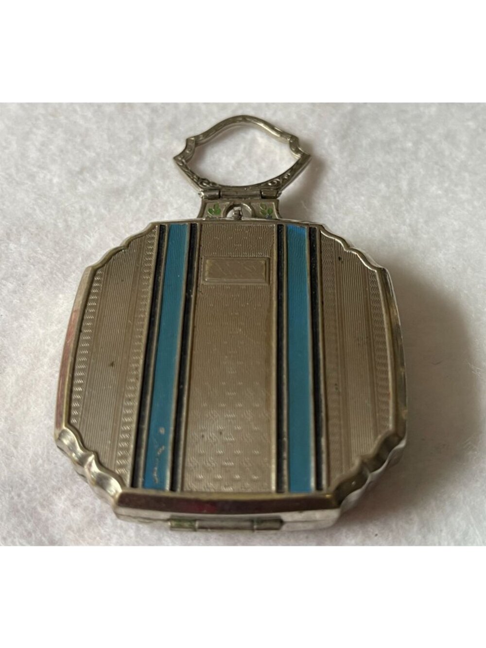 Vtg Art Deco Chatelaine Dance Compact 1920s-30s Silver-Tone Powder Case W/ Blue